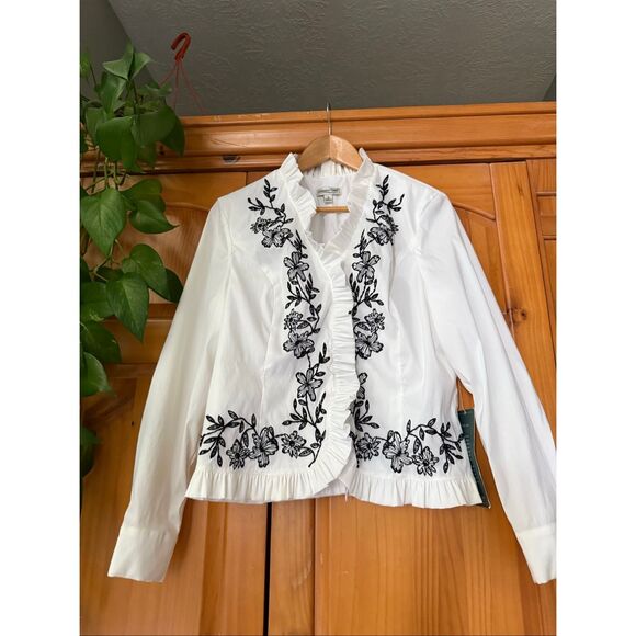 Coldwater Creek White Embroidered Ruffle Blouse Sz 14 NWT Back Zipper - Picture 4 of 14